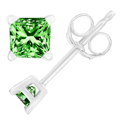 .925 Sterling Silver 3/8 Cttw Princess-cut Square Green Diamond Stud Earrings (fancy Color-enhanced I2-i3 Clarity)