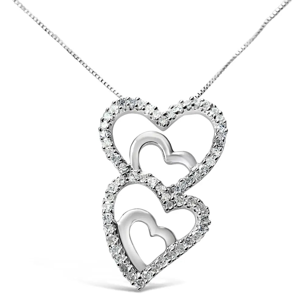 .925 Sterling Silver 3/8 Cttw Round Diamond Double Heart-in-heart Pendant 18’’ Necklace (i-j Color I3 Clarity)