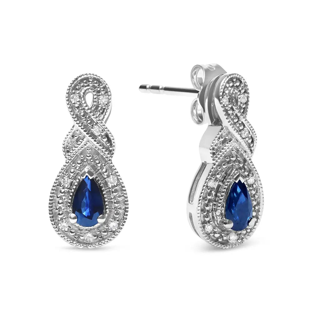 .925 Sterling Silver 4.5 x 3mm Pear Sapphire Gemstone and Diamond Accent Infinity Drop Stud Earrings (h-i Color Si1-si2