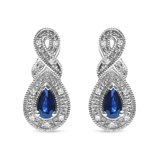 .925 Sterling Silver 4.5 x 3mm Pear Sapphire Gemstone and Diamond Accent Infinity Drop Stud Earrings (h-i Color Si1-si2