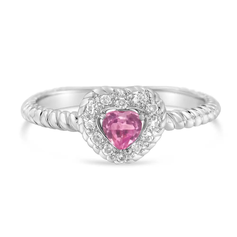 .925 Sterling Silver 4mm Pink Sapphire Heart and Diamond Accent Ring (i-j Color I2-i3 Clarity) - Fine Jewelry us Direct