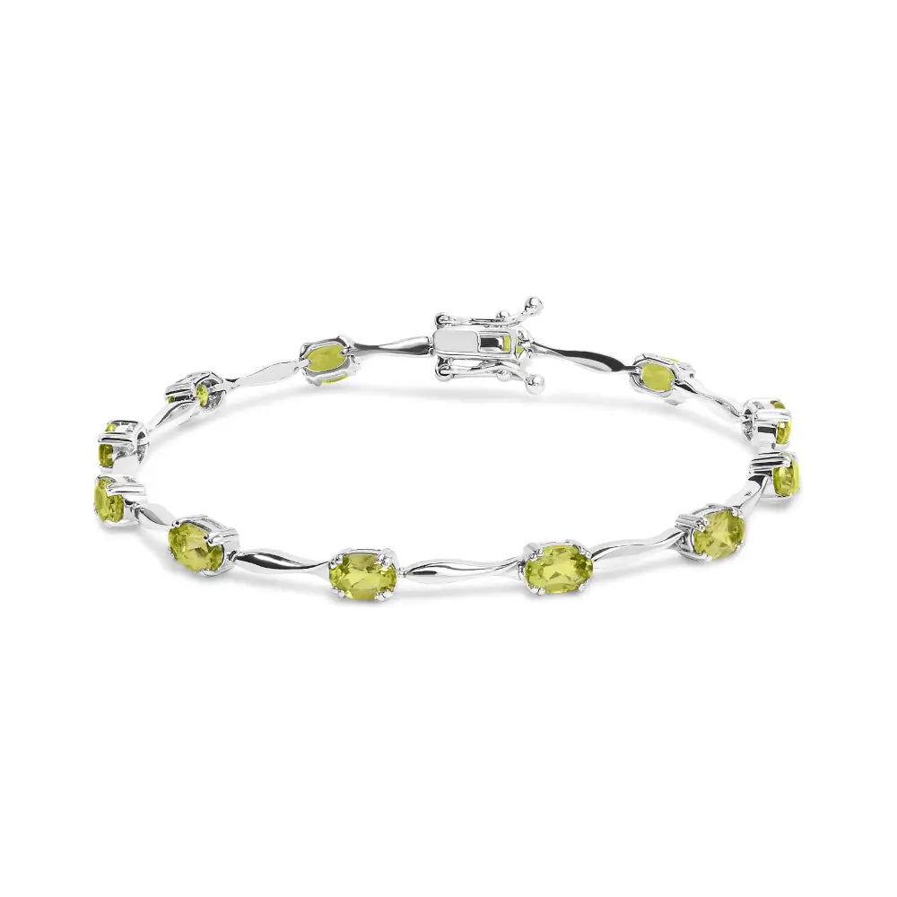 .925 Sterling Silver 5 1/2 Cttw Oval Shaped Created Green Peridot Link Bracelet - 7’’ Inches - Fine Jewelry us Direct