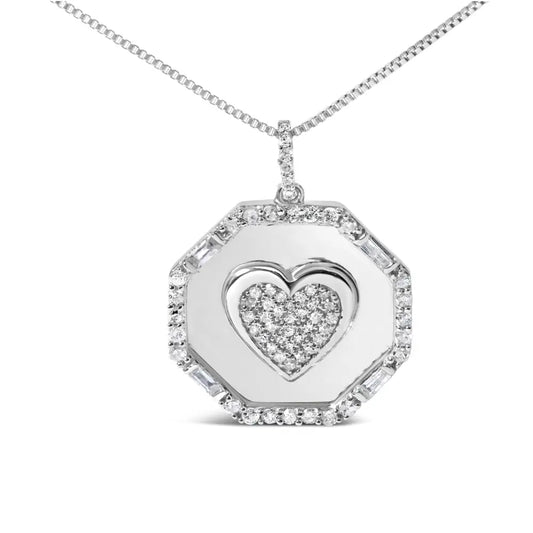 .925 Sterling Silver 5/8 Cttw Diamond Mirror Plate with Heart and Halo 18’’ Pendant Necklace (h-i Color I2-i3