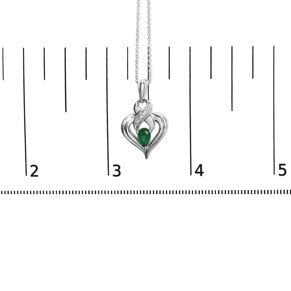 .925 Sterling Silver 6x4mm Pear Emerald and Diamond Accent Heart Pendant Necklace (h-i Color Si1-si2 Clarity) - 18