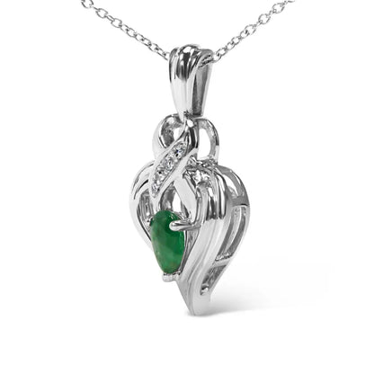 .925 Sterling Silver 6x4mm Pear Emerald and Diamond Accent Heart Pendant Necklace (h-i Color Si1-si2 Clarity) - 18