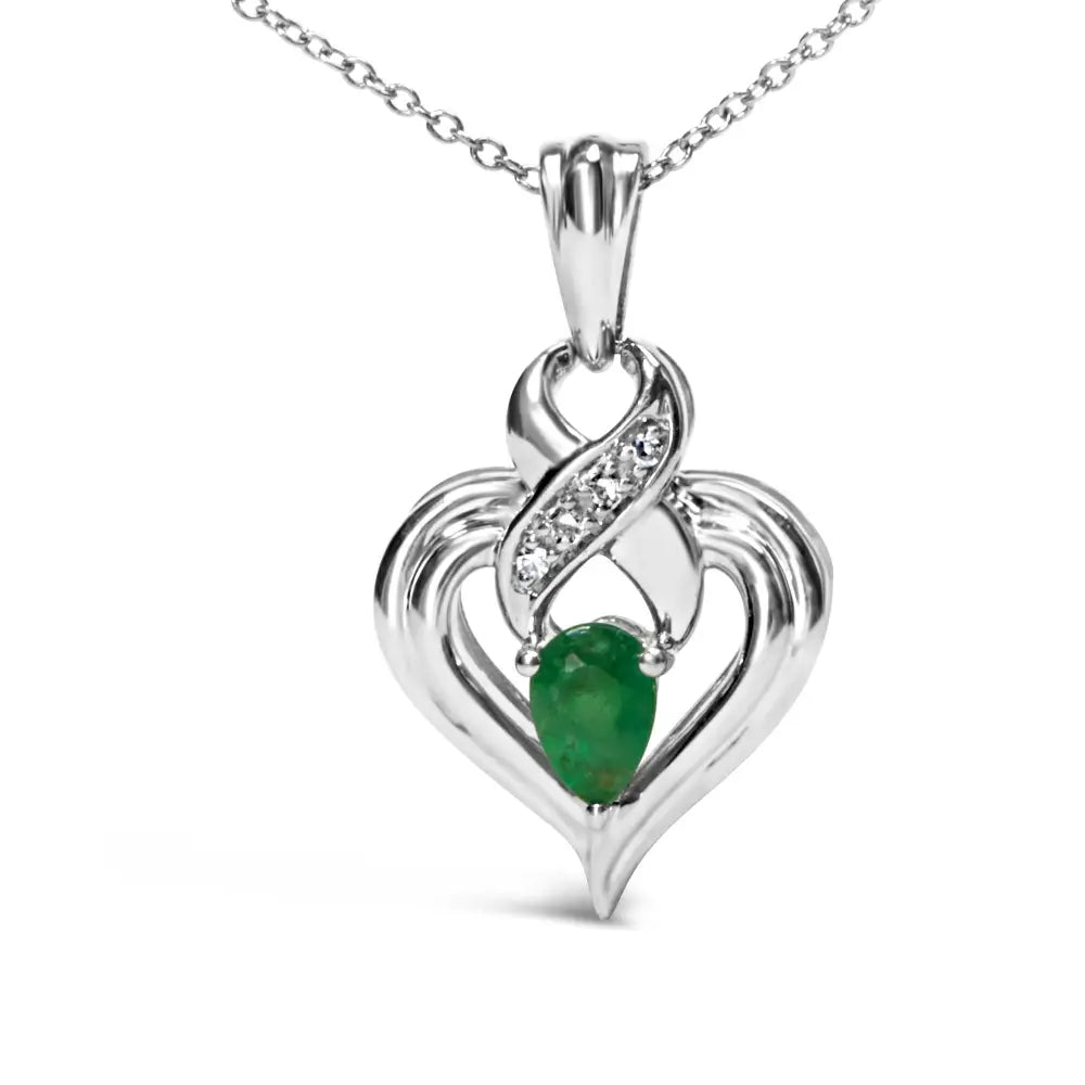 .925 Sterling Silver 6x4mm Pear Emerald and Diamond Accent Heart Pendant Necklace (h-i Color Si1-si2 Clarity) - 18