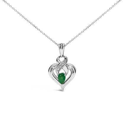 .925 Sterling Silver 6x4mm Pear Emerald and Diamond Accent Heart Pendant Necklace (h-i Color Si1-si2 Clarity) - 18