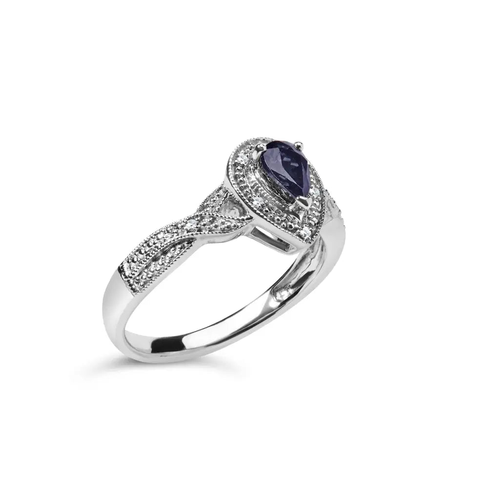 .925 Sterling Silver 6x4mm Pear Sapphire Gemstone with Diamond Accent Fashion Halo Ring (h-i Color Si1-si2 Clarity)