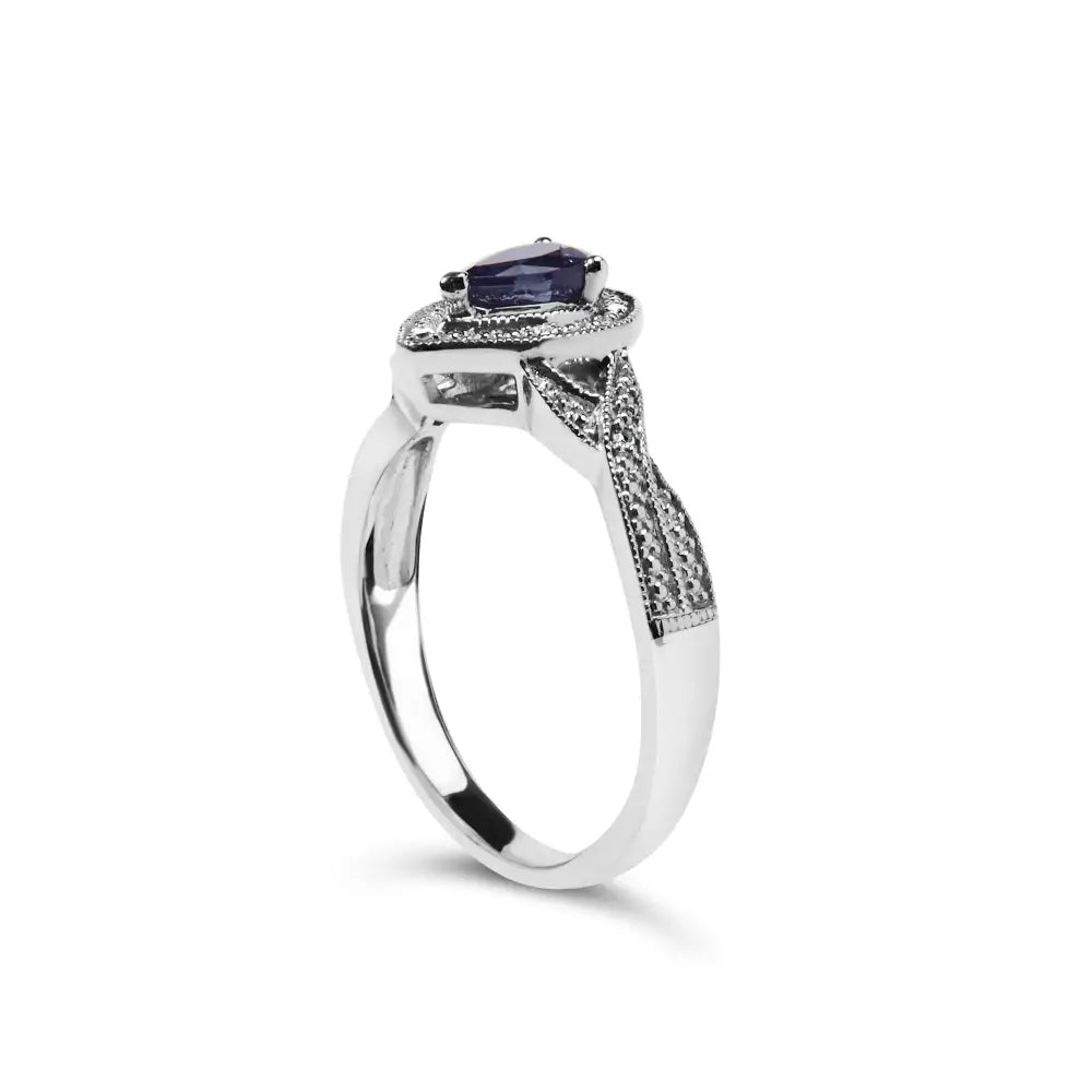 .925 Sterling Silver 6x4mm Pear Sapphire Gemstone with Diamond Accent Fashion Halo Ring (h-i Color Si1-si2 Clarity)