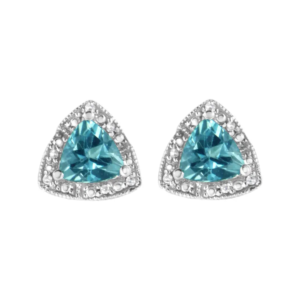 .925 Sterling Silver 6x6 Mm Trillion Cut Blue Topaz Gemstone and Diamond Accent Stud Earring (i-j Color I1-i2 Clarity)