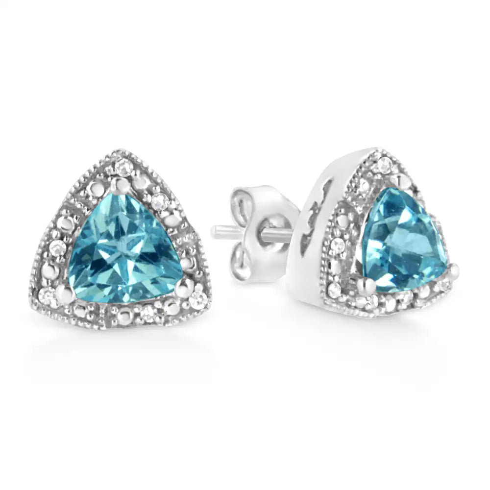 .925 Sterling Silver 6x6 Mm Trillion Cut Blue Topaz Gemstone and Diamond Accent Stud Earring (i-j Color I1-i2 Clarity)