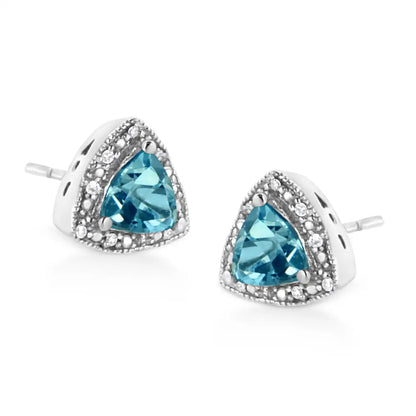 .925 Sterling Silver 6x6 Mm Trillion Cut Blue Topaz Gemstone and Diamond Accent Stud Earring (i-j Color I1-i2 Clarity)