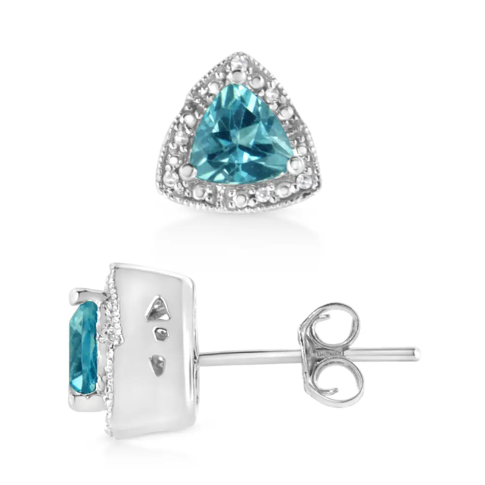 .925 Sterling Silver 6x6 Mm Trillion Cut Blue Topaz Gemstone and Diamond Accent Stud Earring (i-j Color I1-i2 Clarity)