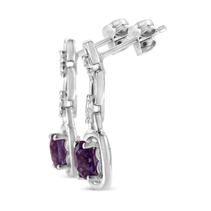 .925 Sterling Silver 6x6mm Cushion Shaped Natural Purple Amethyst and Diamond Accent Drop Dangle Earrings (i-j Color