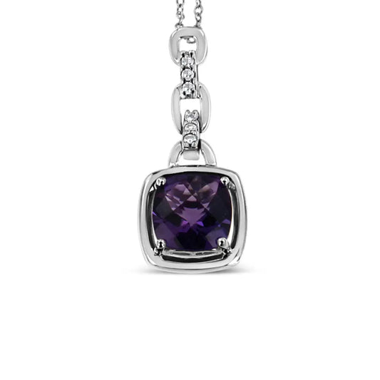 .925 Sterling Silver 6x6mm Cushion Shaped Natural Purple Amethyst and Diamond Accented Bale 18’’ Inch Pendant