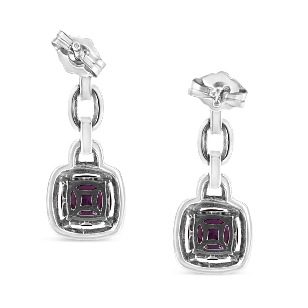 .925 Sterling Silver 6x6mm Cushion Shaped Natural Purple Amethyst and Diamond Accent Drop Dangle Earrings (i-j Color