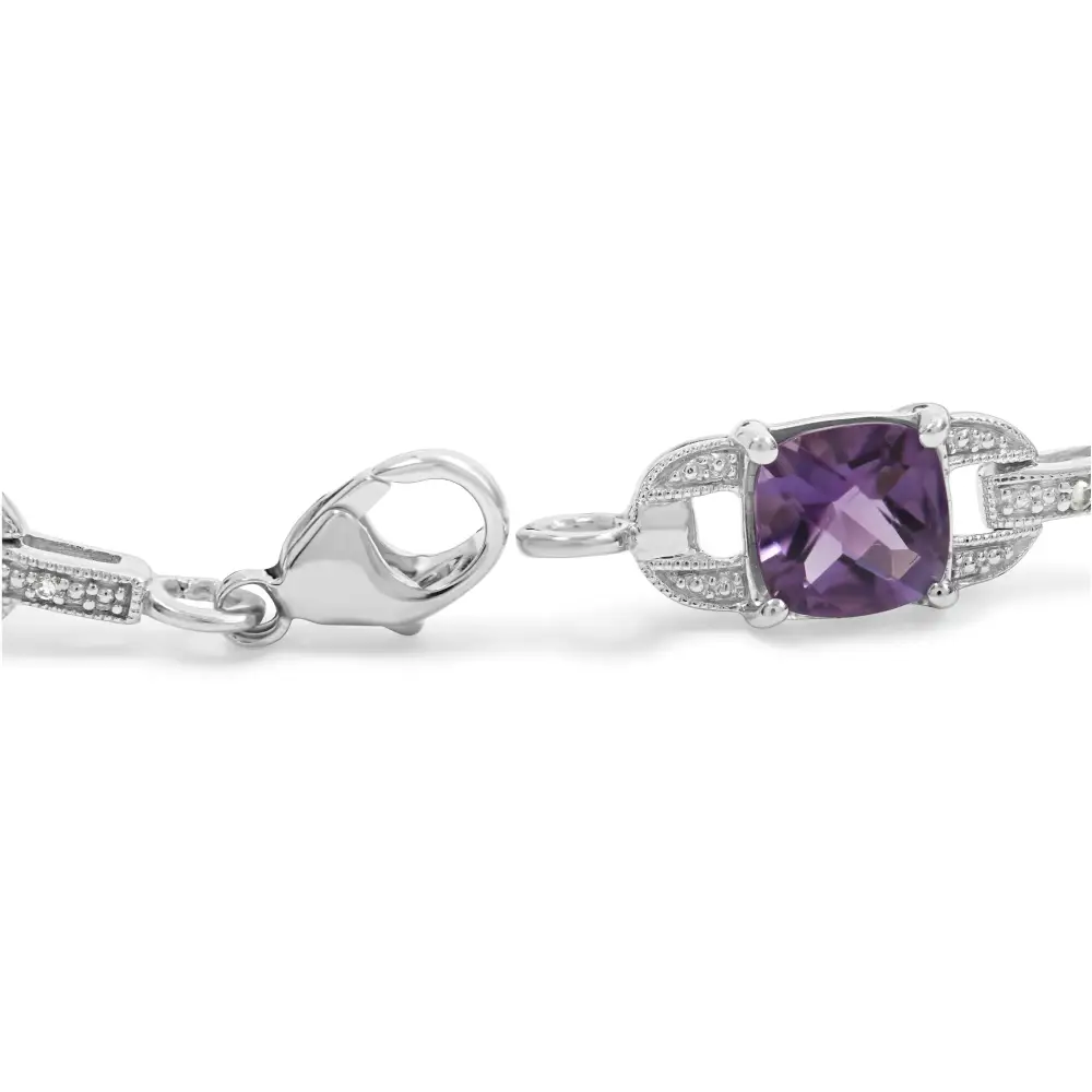 .925 Sterling Silver 7mm Cushion Cut Amethyst Gemstone and Diamond Tennis Link Bracelet (i-j Color I1-i2 Clarity)