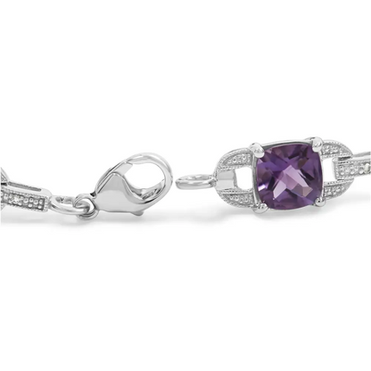 .925 Sterling Silver 7mm Cushion Cut Amethyst Gemstone and Diamond Tennis Link Bracelet (i-j Color I1-i2 Clarity)