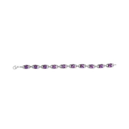 .925 Sterling Silver 7mm Cushion Cut Amethyst Gemstone and Diamond Tennis Link Bracelet (i-j Color I1-i2 Clarity)