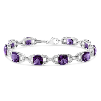 .925 Sterling Silver 7mm Cushion Cut Amethyst Gemstone and Diamond Tennis Link Bracelet (i-j Color I1-i2 Clarity)