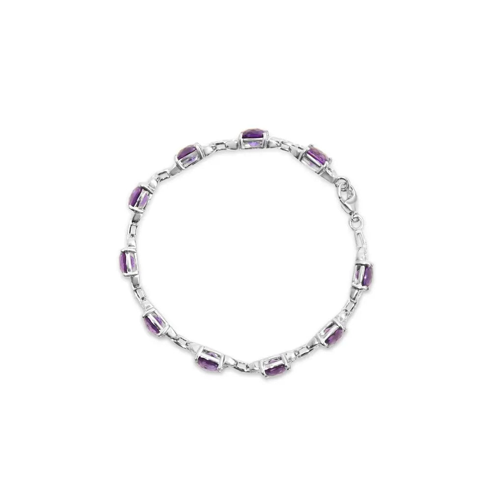 .925 Sterling Silver 7mm Cushion Cut Amethyst Gemstone and Diamond Tennis Link Bracelet (i-j Color I1-i2 Clarity)