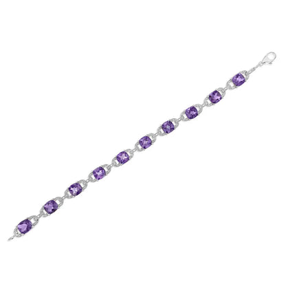 .925 Sterling Silver 7mm Cushion Cut Amethyst Gemstone and Diamond Tennis Link Bracelet (i-j Color I1-i2 Clarity)