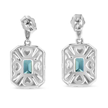 .925 Sterling Silver 7x5mm Emerald Shape Blue Topaz and Diamond Accent Art Deco Halo Style Drop Dangle Earrings (i-j