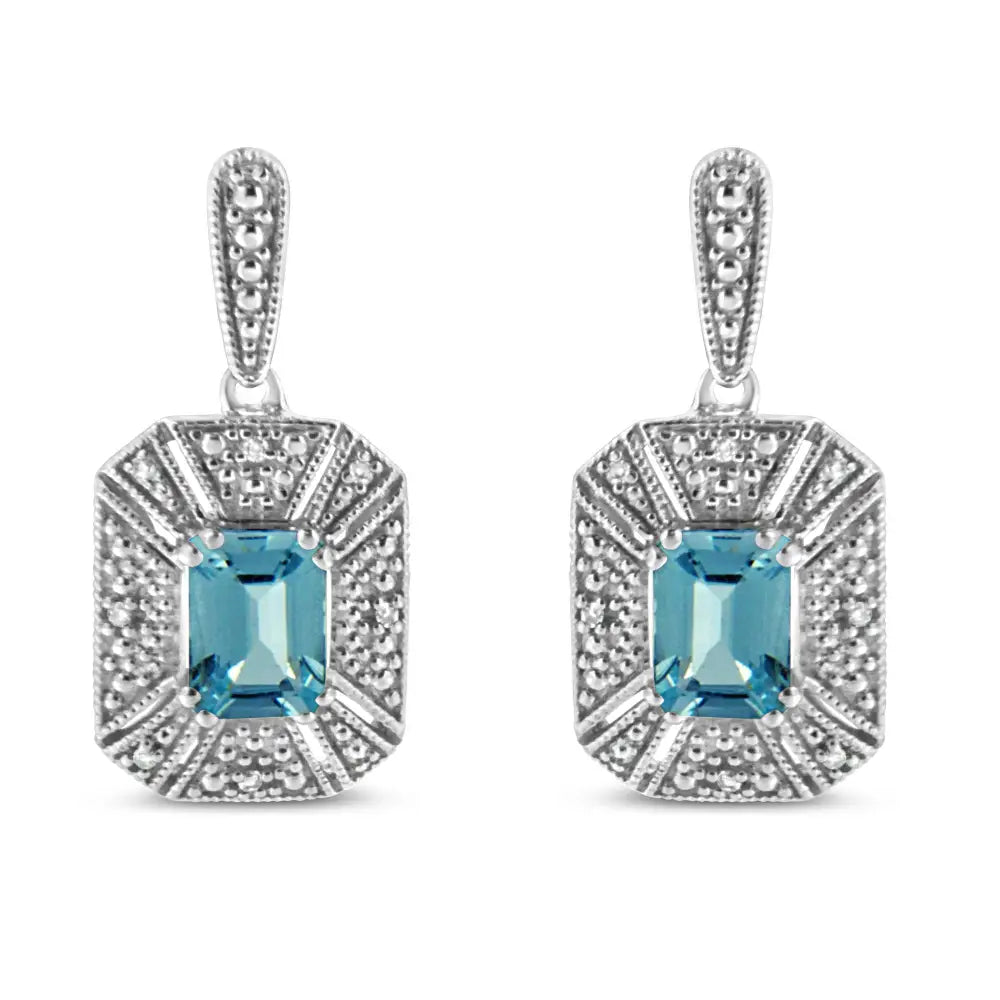 .925 Sterling Silver 7x5mm Emerald Shape Blue Topaz and Diamond Accent Art Deco Halo Style Drop Dangle Earrings (i-j