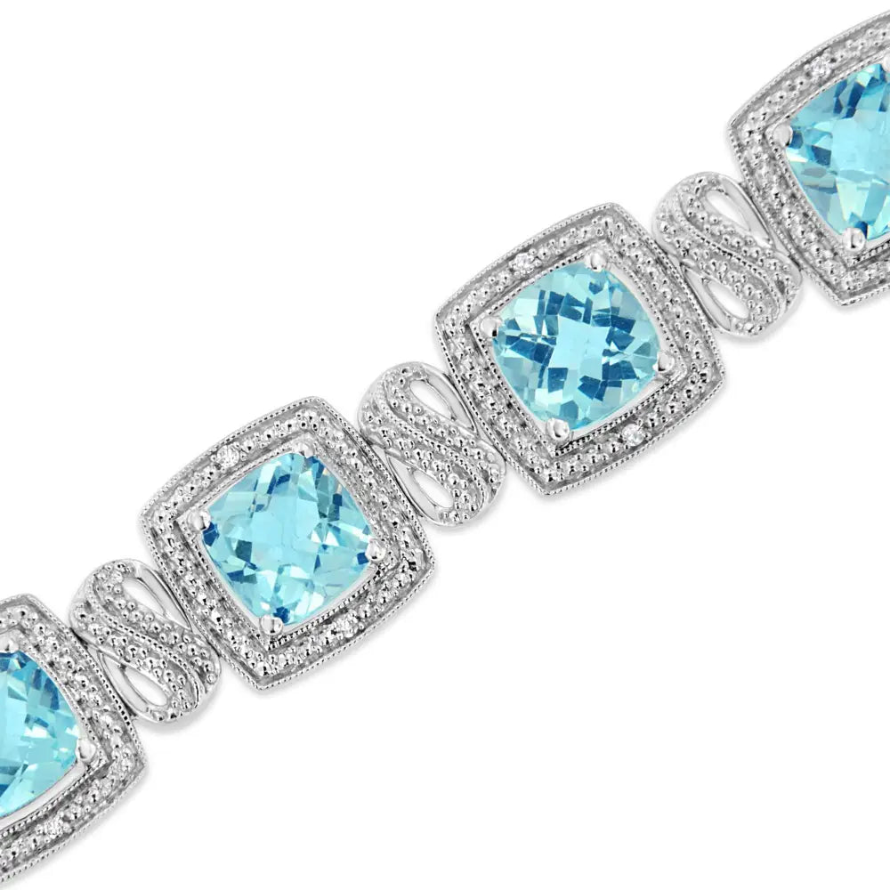 .925 Sterling Silver 7x7 Mm Cushion Cut Blue Topaz and 1/10 Ctw Single Diamond Square Shape Tennis Bracelet (i-j Color