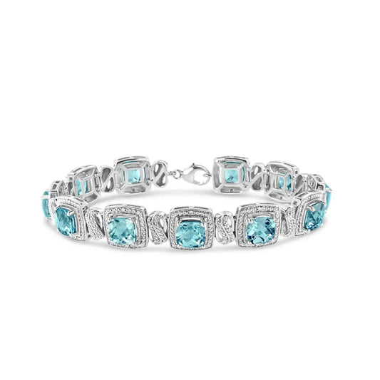 .925 Sterling Silver 7x7 Mm Cushion Cut Blue Topaz and 1/10 Ctw Single Diamond Square Shape Tennis Bracelet (i-j Color