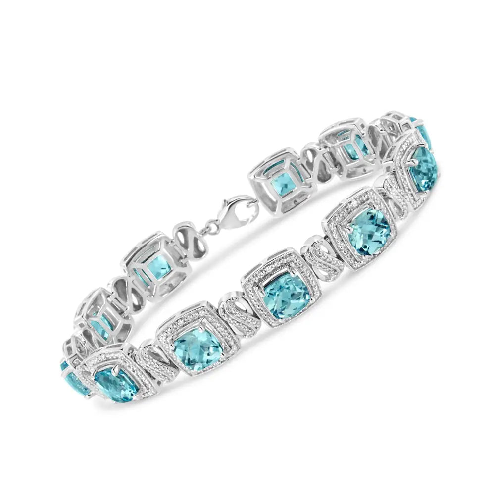 .925 Sterling Silver 7x7 Mm Cushion Cut Blue Topaz and 1/10 Ctw Single Diamond Square Shape Tennis Bracelet (i-j Color