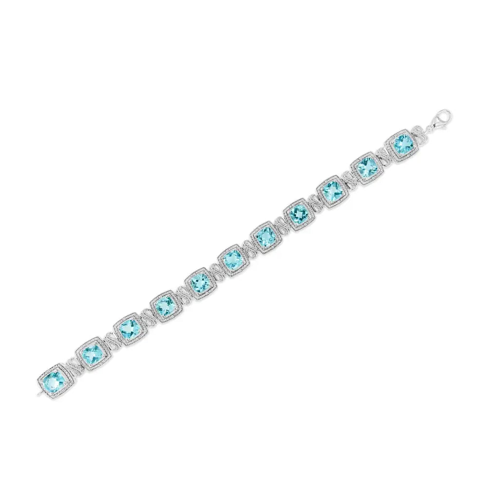 .925 Sterling Silver 7x7 Mm Cushion Cut Blue Topaz and 1/10 Ctw Single Diamond Square Shape Tennis Bracelet (i-j Color