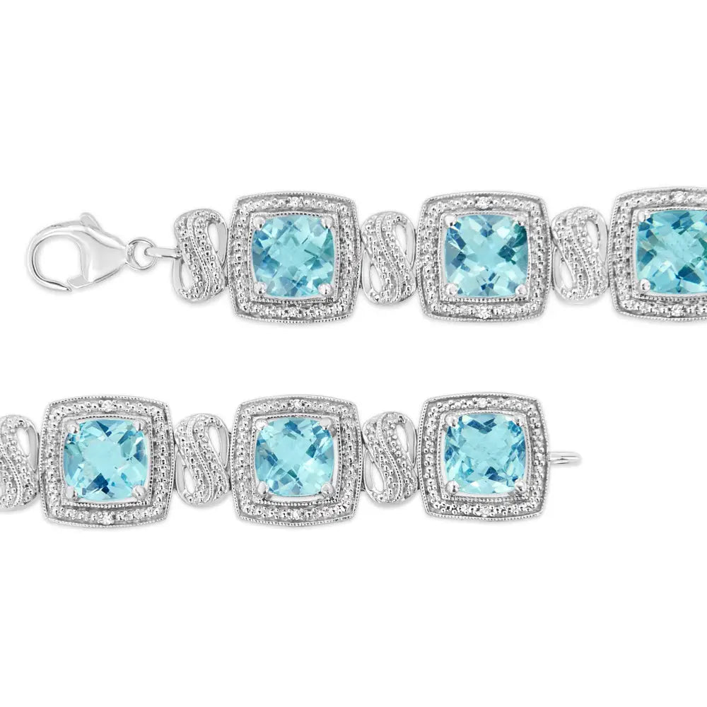 .925 Sterling Silver 7x7 Mm Cushion Cut Blue Topaz and 1/10 Ctw Single Diamond Square Shape Tennis Bracelet (i-j Color