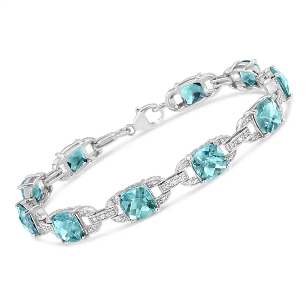 .925 Sterling Silver 7x7 Mm Cushion Cut Blue Topaz and 1/20 Cttw Round Diamond Fashion Tennis Bracelet (i-j Color I1-i2