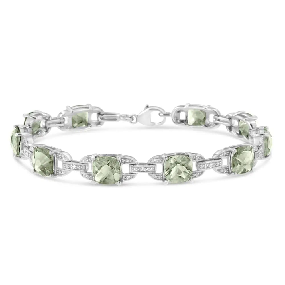 .925 Sterling Silver 7x7 Mm Cushion Cut Green Amethyst and 1/20 Cttw Round Diamond Fashion Tennis Bracelet (i-j Color