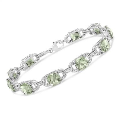 .925 Sterling Silver 7x7 Mm Cushion Cut Green Amethyst and 1/20 Cttw Round Diamond Fashion Tennis Bracelet (i-j Color