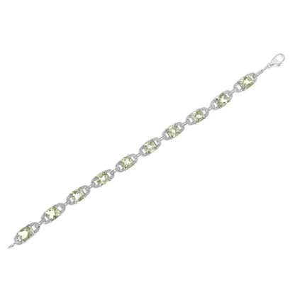 .925 Sterling Silver 7x7 Mm Cushion Cut Green Amethyst and 1/20 Cttw Round Diamond Fashion Tennis Bracelet (i-j Color