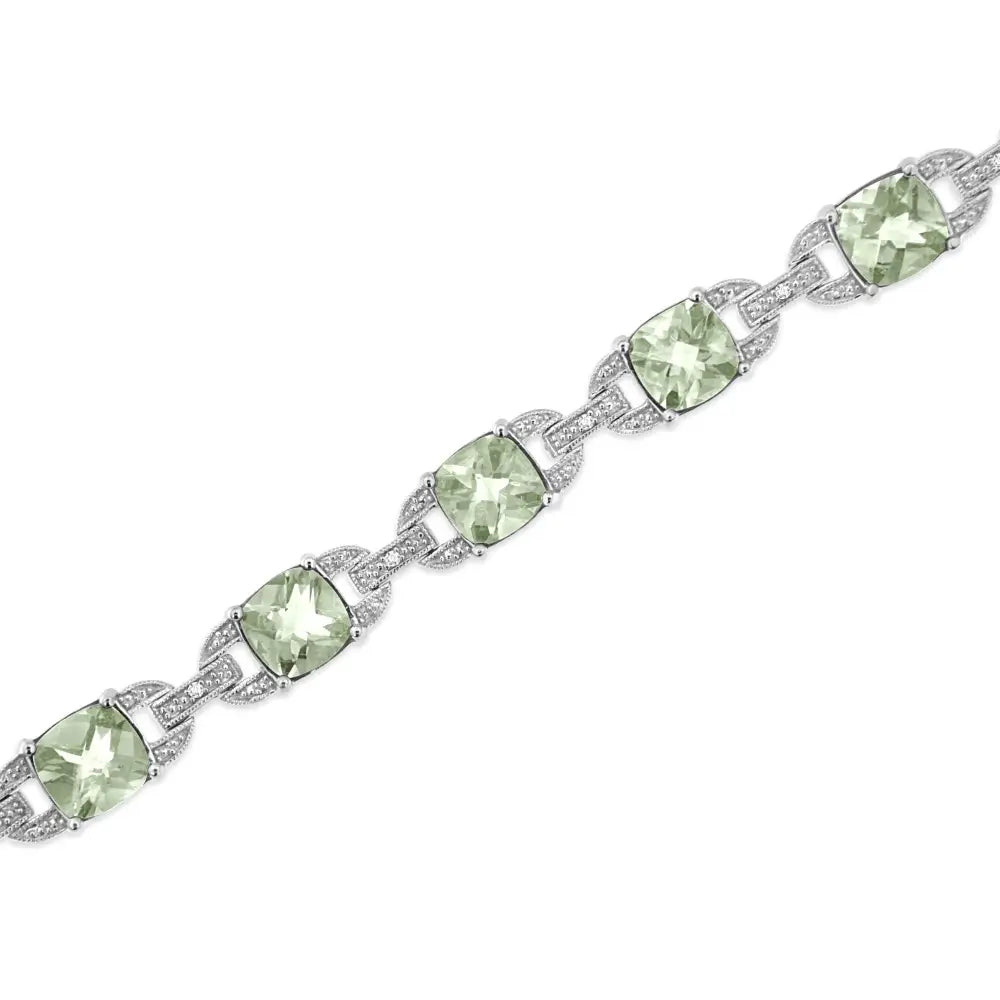 .925 Sterling Silver 7x7 Mm Cushion Cut Green Amethyst and 1/20 Cttw Round Diamond Fashion Tennis Bracelet (i-j Color