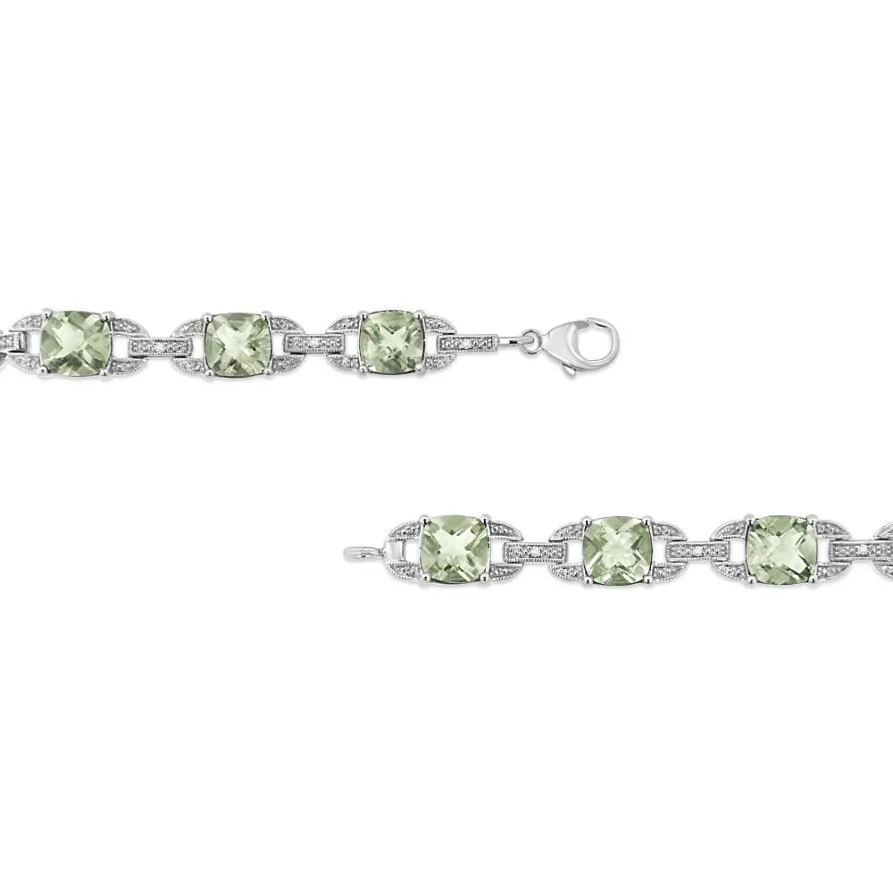 .925 Sterling Silver 7x7 Mm Cushion Cut Green Amethyst and 1/20 Cttw Round Diamond Fashion Tennis Bracelet (i-j Color