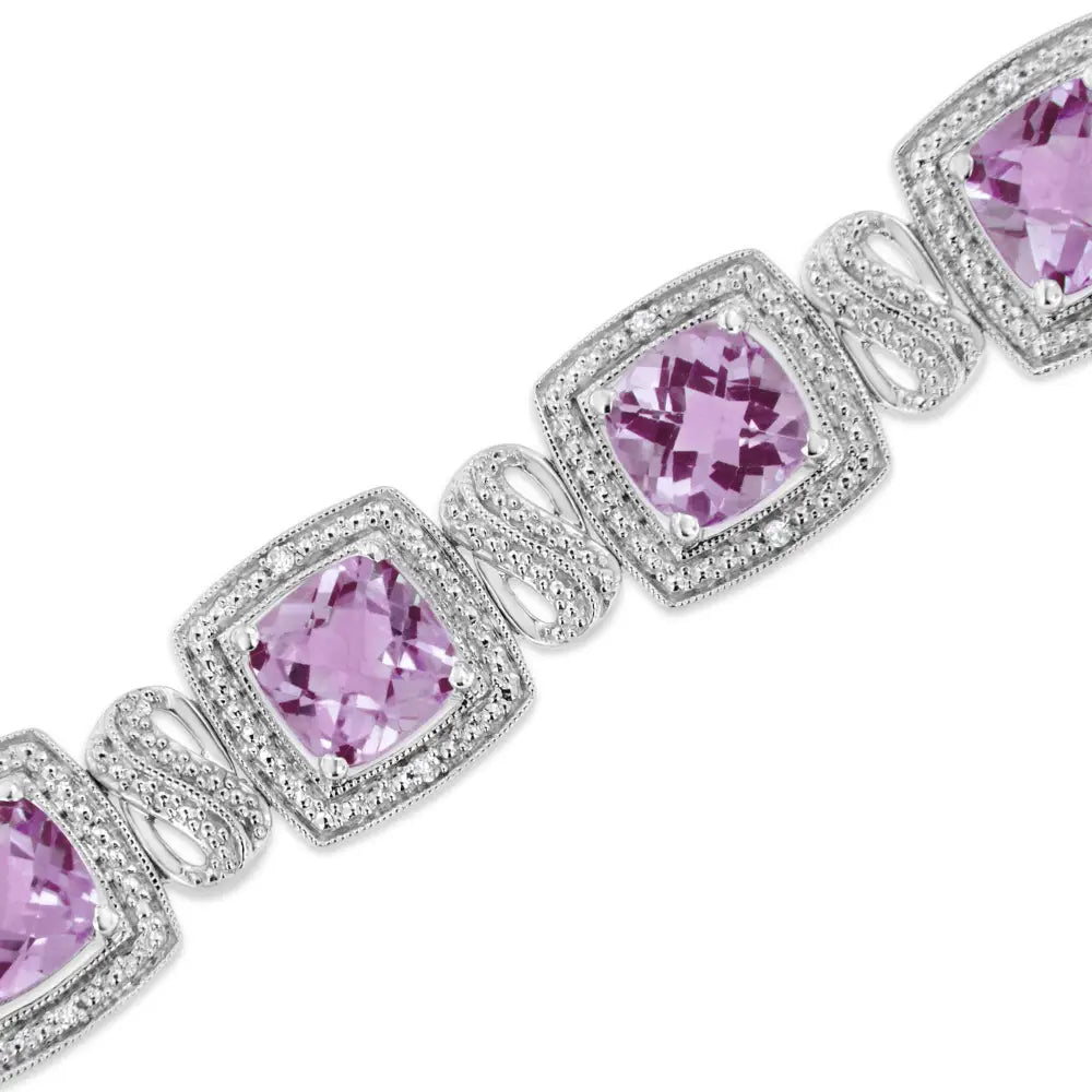 .925 Sterling Silver 7x7 Mm Cushion Cut Purple Amethyst and 1/10 Cttw Round Diamond Square Shape Tennis Bracelet (i-j