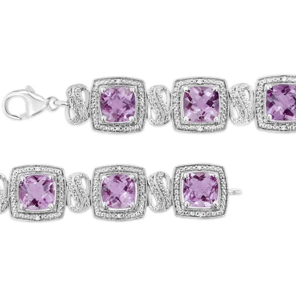 .925 Sterling Silver 7x7 Mm Cushion Cut Purple Amethyst and 1/10 Cttw Round Diamond Square Shape Tennis Bracelet (i-j