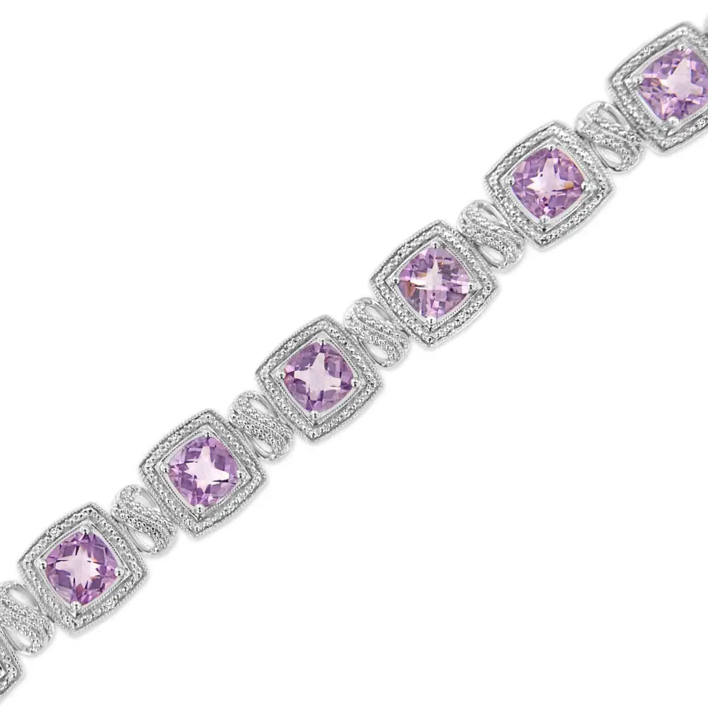 .925 Sterling Silver 7x7 Mm Cushion Cut Purple Amethyst and 1/10 Cttw Round Diamond Square Shape Tennis Bracelet (i-j