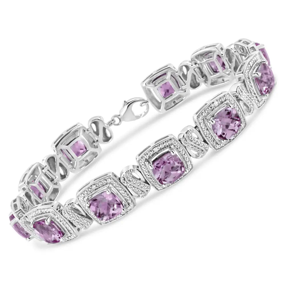 .925 Sterling Silver 7x7 Mm Cushion Cut Purple Amethyst and 1/10 Cttw Round Diamond Square Shape Tennis Bracelet (i-j