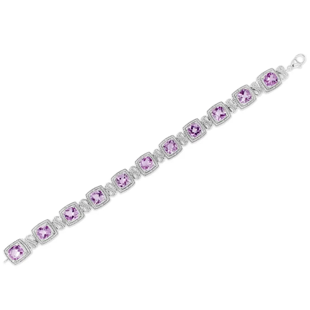 .925 Sterling Silver 7x7 Mm Cushion Cut Purple Amethyst and 1/10 Cttw Round Diamond Square Shape Tennis Bracelet (i-j