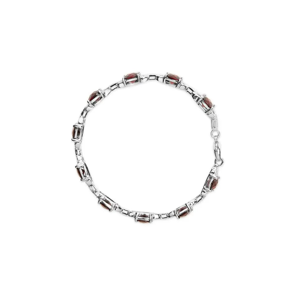 .925 Sterling Silver 7x7mm Checkered Cushion Red Garnet and Diamond Accent Fashion Tennis Link Bracelet (i-j Color