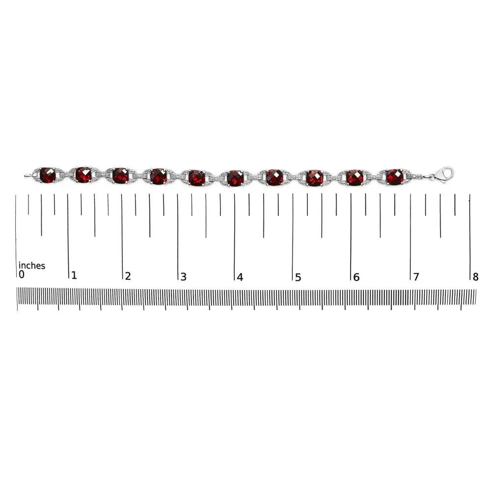 .925 Sterling Silver 7x7mm Checkered Cushion Red Garnet and Diamond Accent Fashion Tennis Link Bracelet (i-j Color