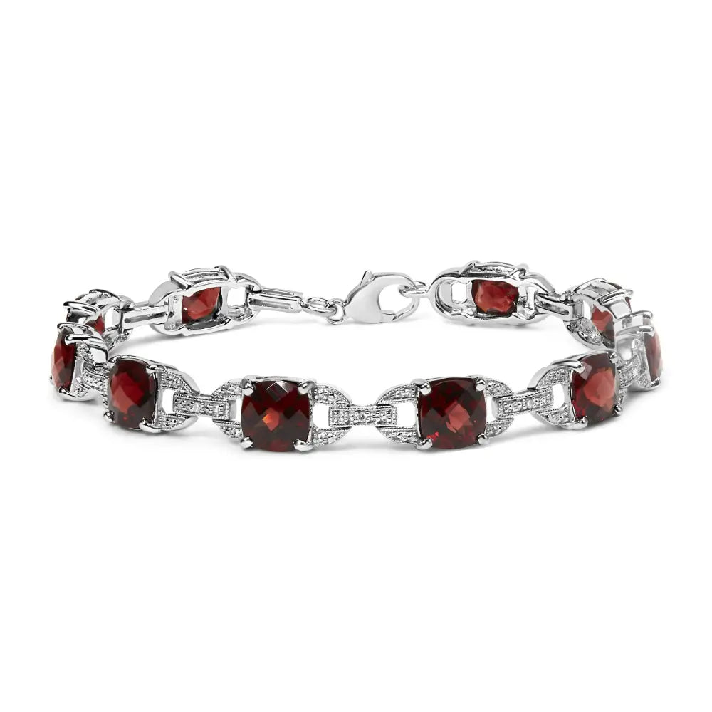 .925 Sterling Silver 7x7mm Checkered Cushion Red Garnet and Diamond Accent Fashion Tennis Link Bracelet (i-j Color