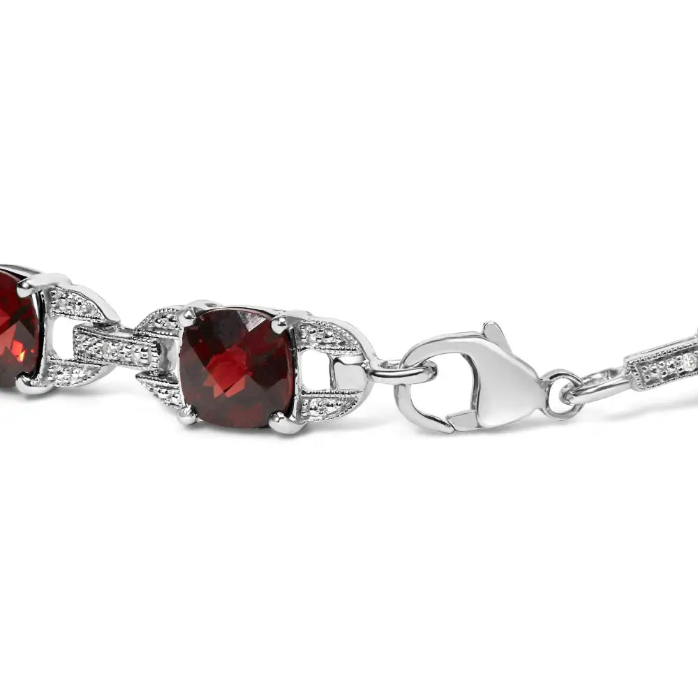 .925 Sterling Silver 7x7mm Checkered Cushion Red Garnet and Diamond Accent Fashion Tennis Link Bracelet (i-j Color