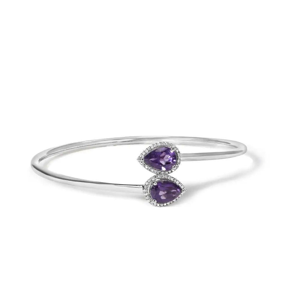 .925 Sterling Silver 8 x 5.5mm Pear Shape Amethyst and Diamond Accent Halo Bypass Bangle Bracelet (h-i Color Si1-si2