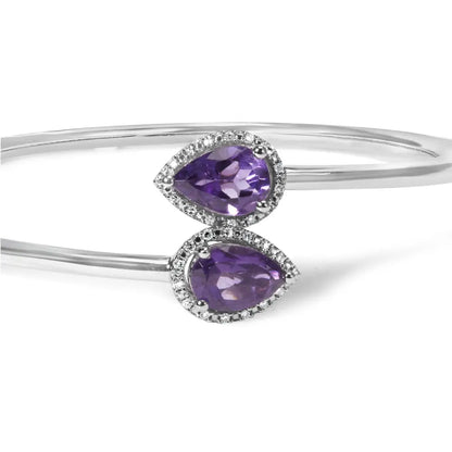 .925 Sterling Silver 8 x 5.5mm Pear Shape Amethyst and Diamond Accent Halo Bypass Bangle Bracelet (h-i Color Si1-si2